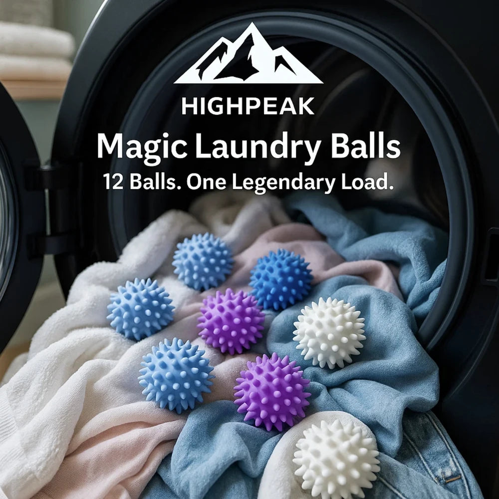 HighPeak Magic Laundry Balls set of 12 blue, purple, and white spiky balls on soft laundry in a washer drum