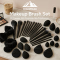 HighPeak Makeup Brush Set 36pcs with black brushes, blending sponges, powder puffs, and hairbands on marble surface