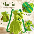 Mantis Plush Backpack feature collage showing soft plush, adjustable straps and open storage