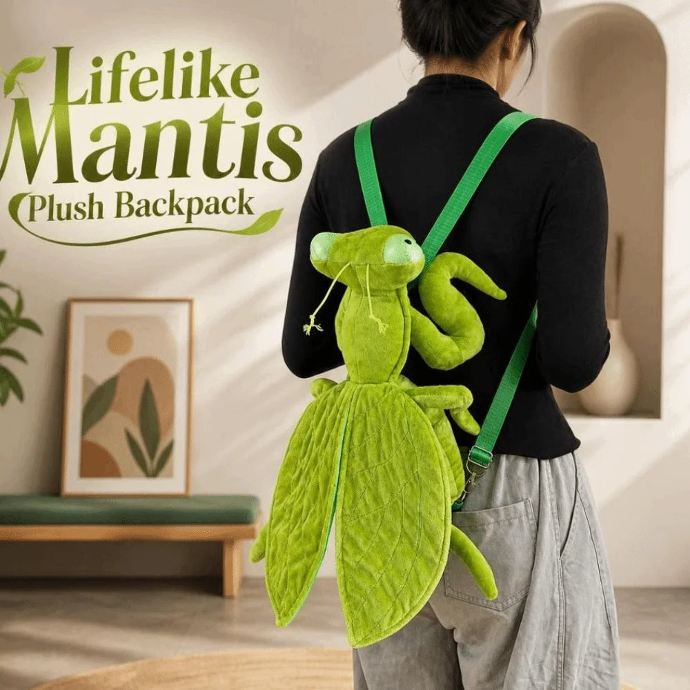 Mantis Plush Backpack worn with a black top and gray trousers, viewed from behind