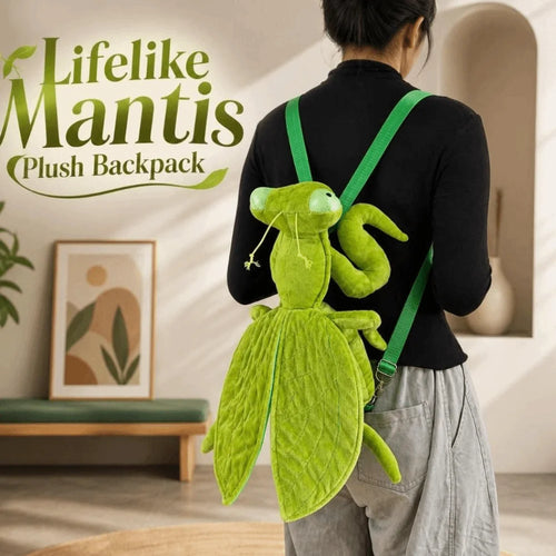 Mantis Plush Backpack worn with a black top and gray trousers, viewed from behind
