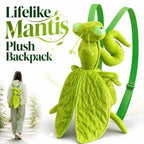 Green Mantis Plush Backpack with an inset showing it worn outdoors over a white hoodie