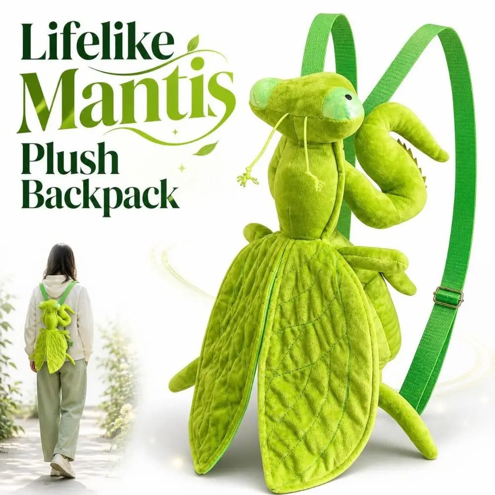Green Mantis Plush Backpack with an inset showing it worn outdoors over a white hoodie