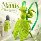 Green Mantis Plush Backpack front view with an inset showing it worn over a white dress