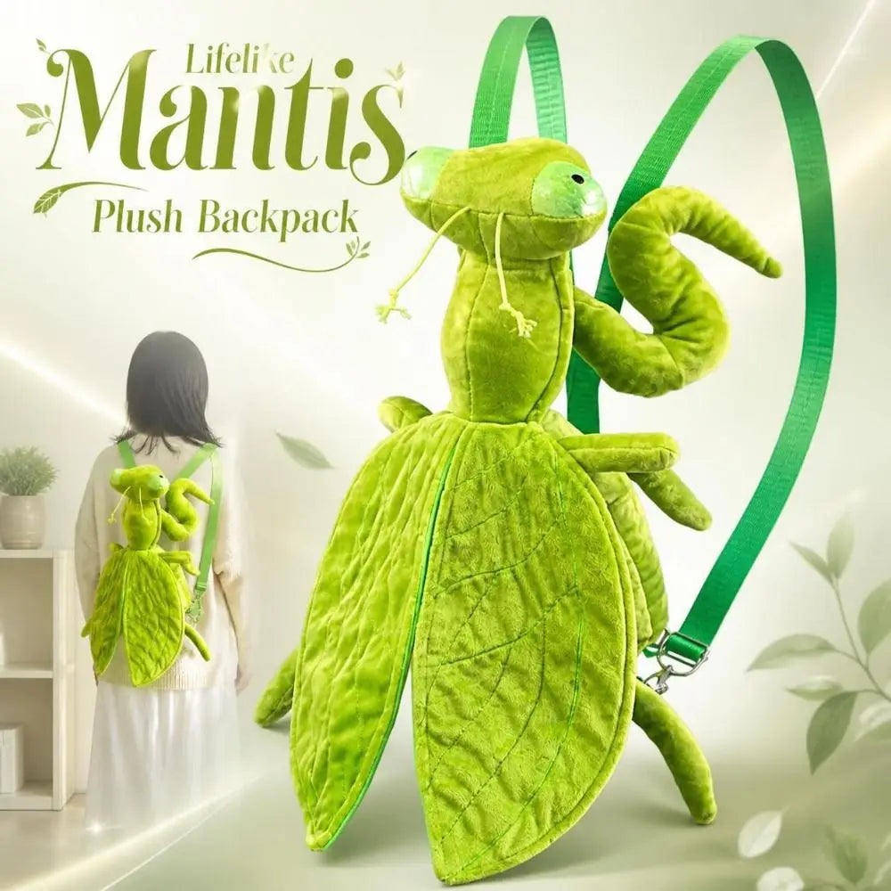 Green Mantis Plush Backpack front view with an inset showing it worn over a white dress