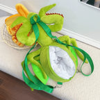 Back of Mantis Plush Backpack with the zippered compartment open and adjustable straps visible
