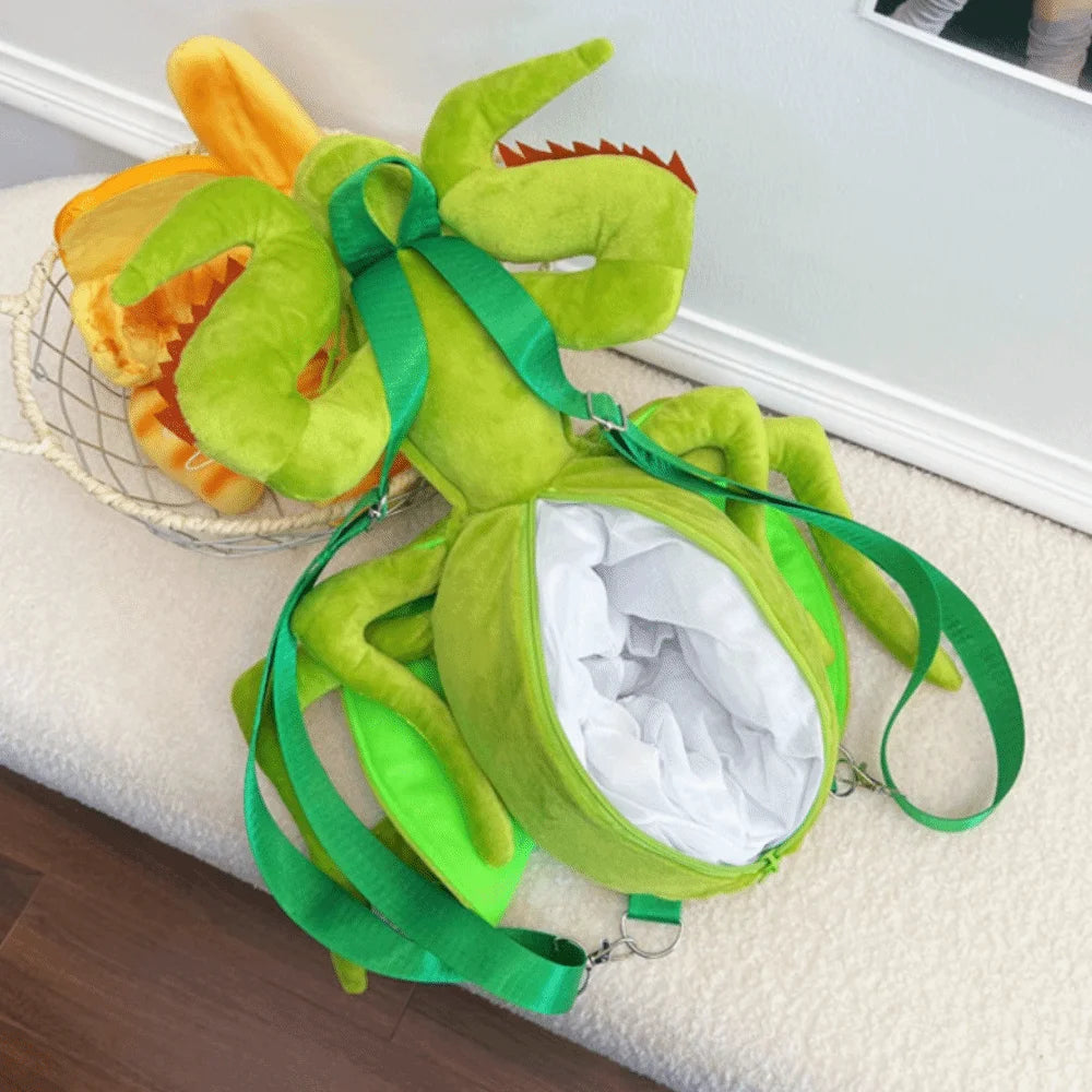 Back of Mantis Plush Backpack with the zippered compartment open and adjustable straps visible
