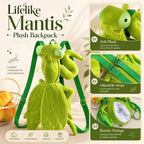 Mantis Plush Backpack collage showing plush texture, strap adjusters and the lined compartment