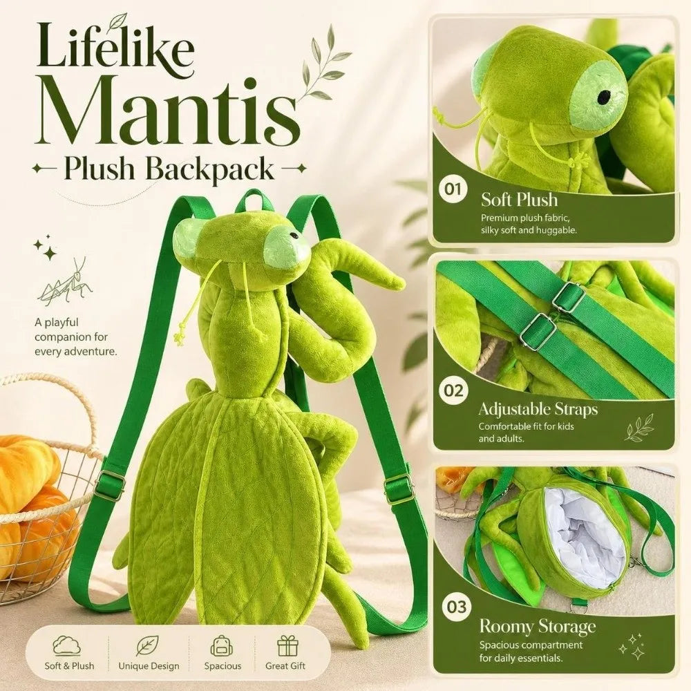 Mantis Plush Backpack collage showing plush texture, strap adjusters and the lined compartment