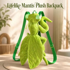 Green Mantis Plush Backpack standing on a round mat with leaflike wings and adjustable straps