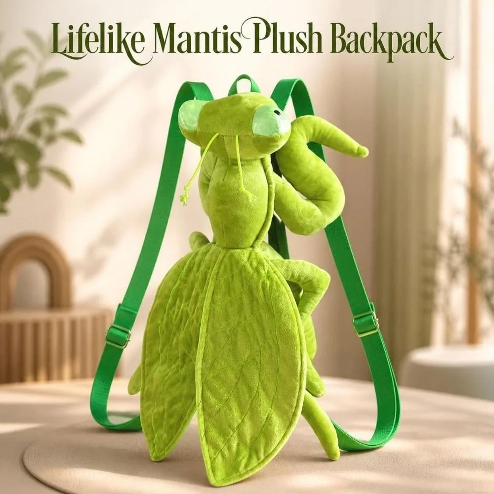 Green Mantis Plush Backpack standing on a round mat with leaflike wings and adjustable straps