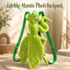 Mantis Plush Backpack standing on a tabletop with green straps extended beside it