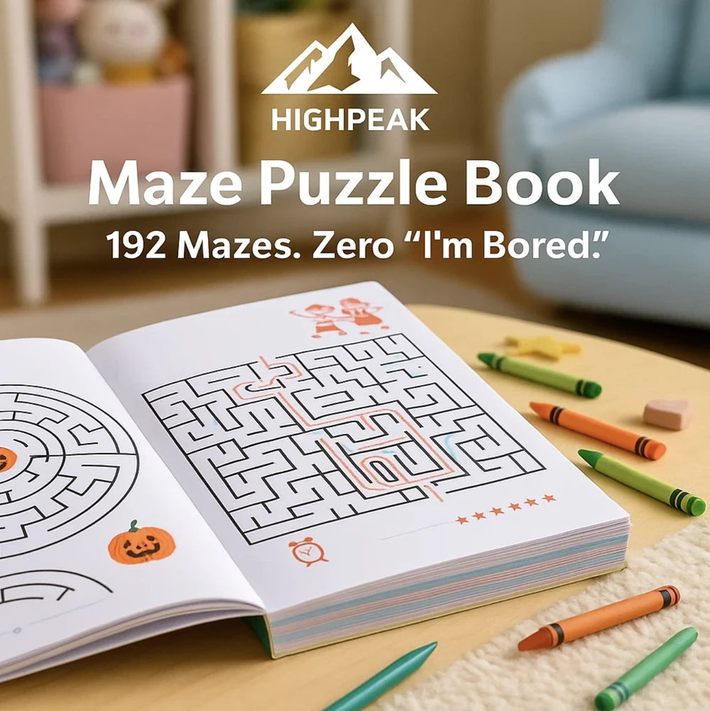 HighPeak Maze Puzzle Book 192 Pages open on table with crayons, showing Halloween-themed maze puzzles in cozy room.