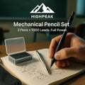 HighPeak Mechanical Pencil Set with 2 metal pencils and 1000 leads shown in use for precise math sketches on paper.