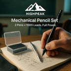HighPeak Mechanical Pencil Set with 2 metal pencils and 1000 leads shown in use for precise math sketches on paper.
