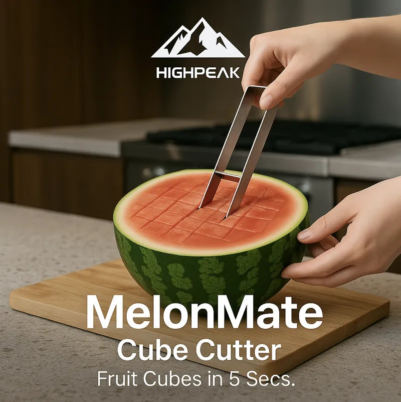 HighPeak MelonMate™ - Cube Cutter slicing watermelon into even cubes on wooden board, stainless steel with ergonomic handle