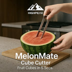 HighPeak MelonMate™ - Cube Cutter slicing watermelon into even cubes on wooden board, stainless steel with ergonomic handle