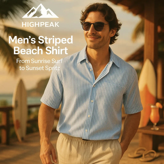 HighPeak Men’s Striped Beach Shirt in light blue with white stripes, short sleeves, breathable fabric at a beach resort setting