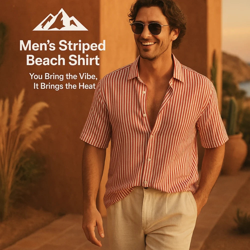 HighPeak Men’s Striped Beach Shirt in red and white stripes worn outdoors, lightweight and breathable summer style