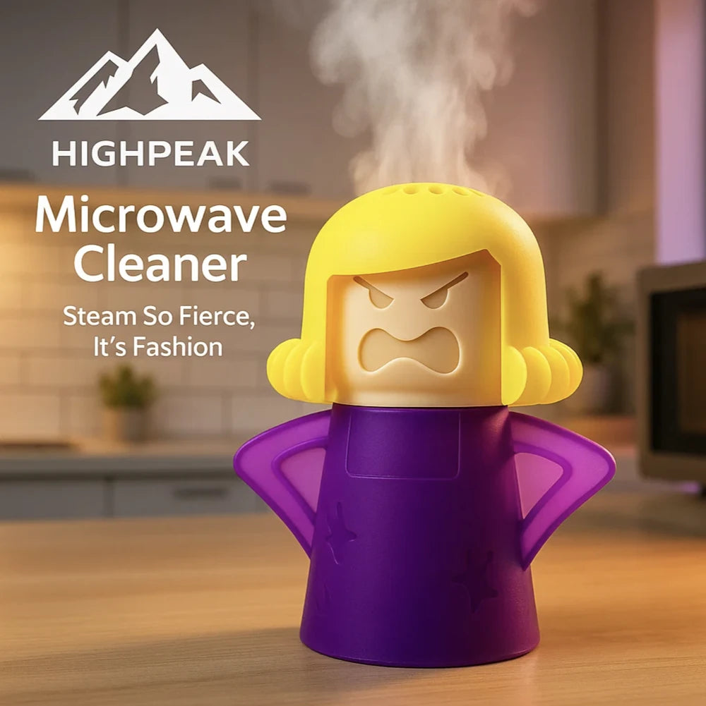 HighPeak Angry Mama Microwave Cleaner in purple and yellow steaming on a kitchen counter for steam cleaning.