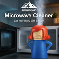 HighPeak Angry Mama Microwave Cleaner in blue and red releasing steam inside a microwave for easy cleaning