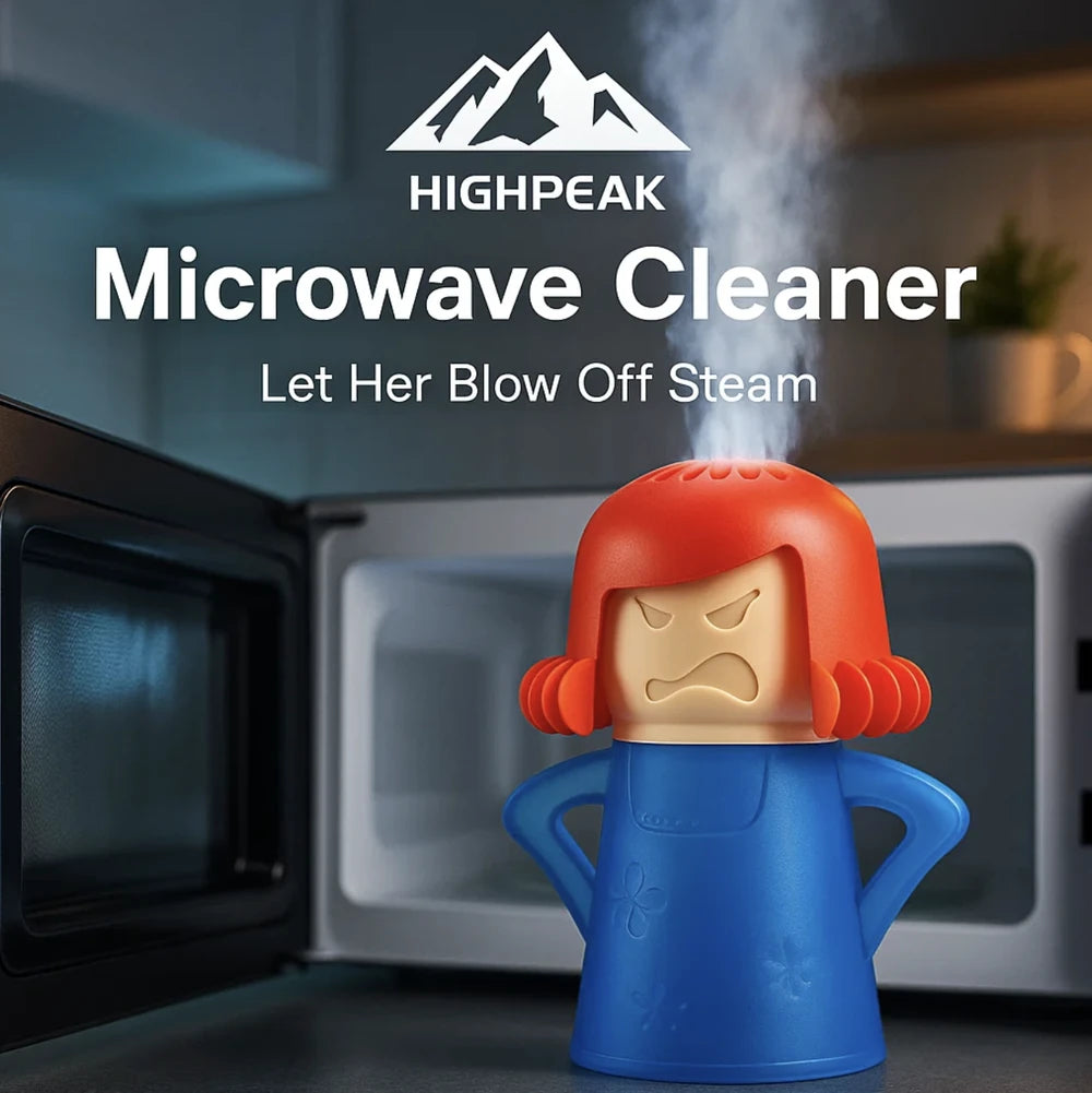 HighPeak Angry Mama Microwave Cleaner in blue and red releasing steam inside a microwave for easy cleaning
