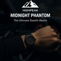HighPeak Midnight Phantom™ stealth watch in matte black on wrist in low light, showcasing sleek, bold design with quartz precision.