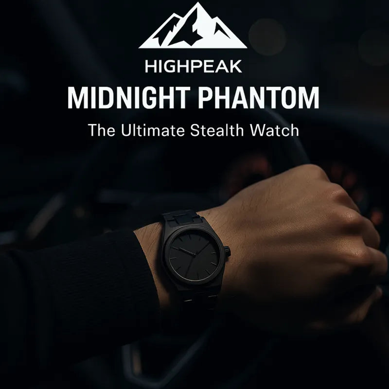 HighPeak Midnight Phantom™ stealth watch in matte black on wrist in low light, showcasing sleek, bold design with quartz precision.