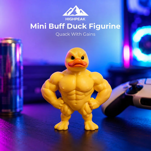 HighPeak Mini Buff Duck Figurine on a neon gaming desk