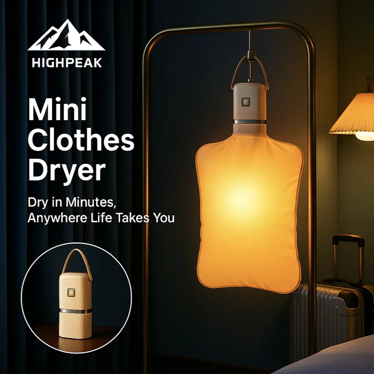 HighPeak Mini Clothes Dryer hanging and glowing softly in hotel room, compact design ready for travel use.