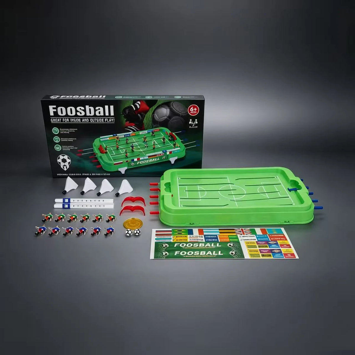 Mini Foosball Table assembly parts with player figures, goals, feet, score tracks, balls and sticker sheet