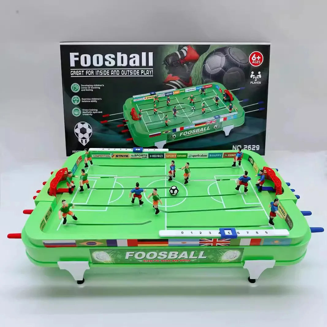 Mini Foosball Table with manual score sliders and packaging marked ages six and up