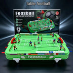 Mini Foosball Table and packaging with red and blue controls beneath a table football heading
