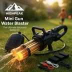HighPeak Mini Gun Water Blaster in black with twin barrels firing water on grass with USB charging cables visible