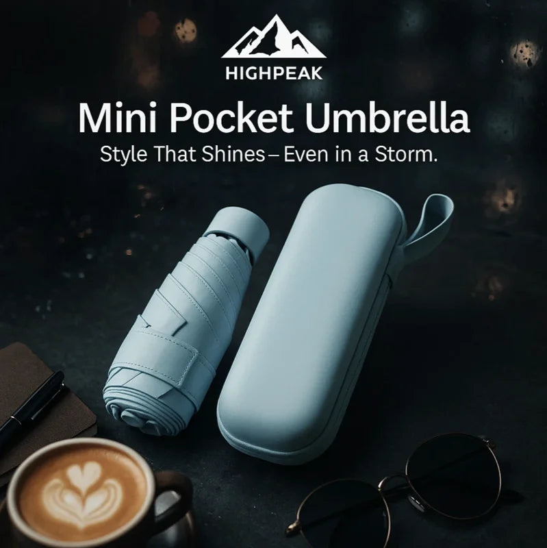 HighPeak Mini Pocket Umbrella in pastel blue with hard case, compact and stylish for rain protection on the go