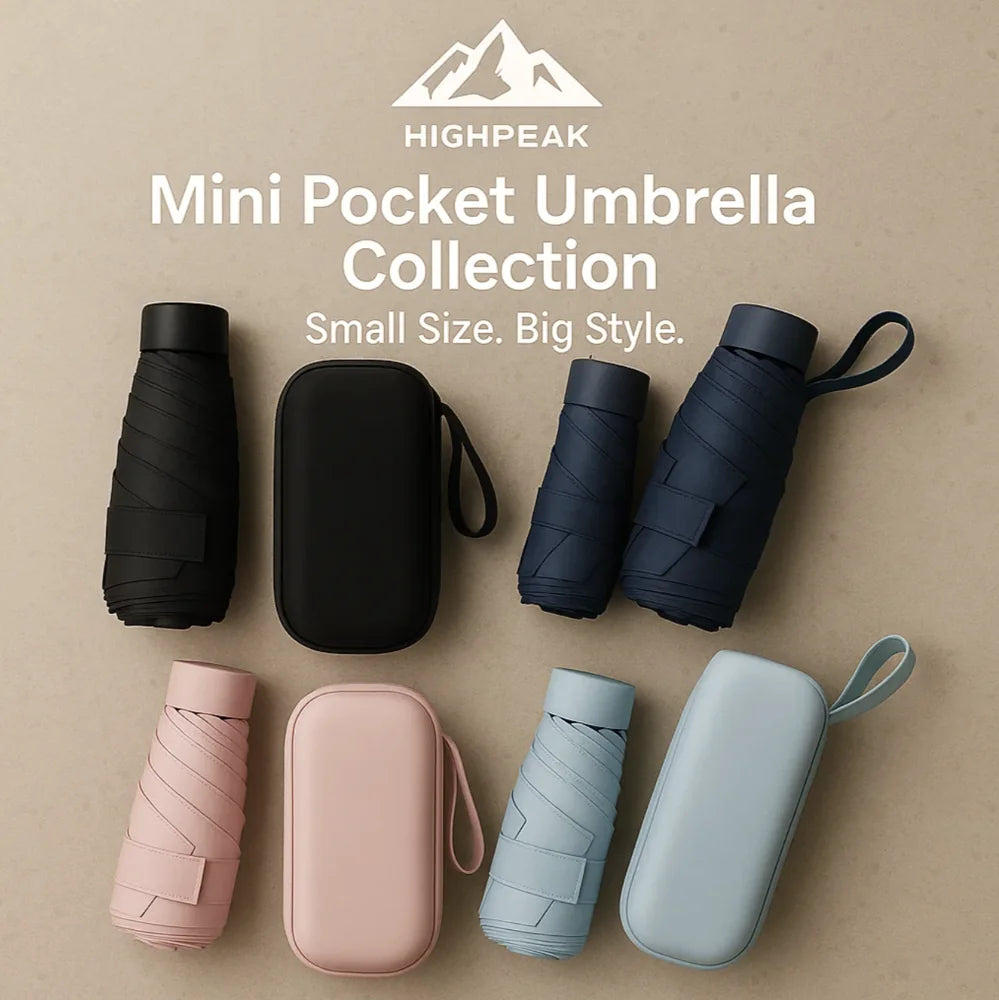 HighPeak Mini Pocket Umbrella collection in black, navy, pink, and blue with matching hard cases on beige background