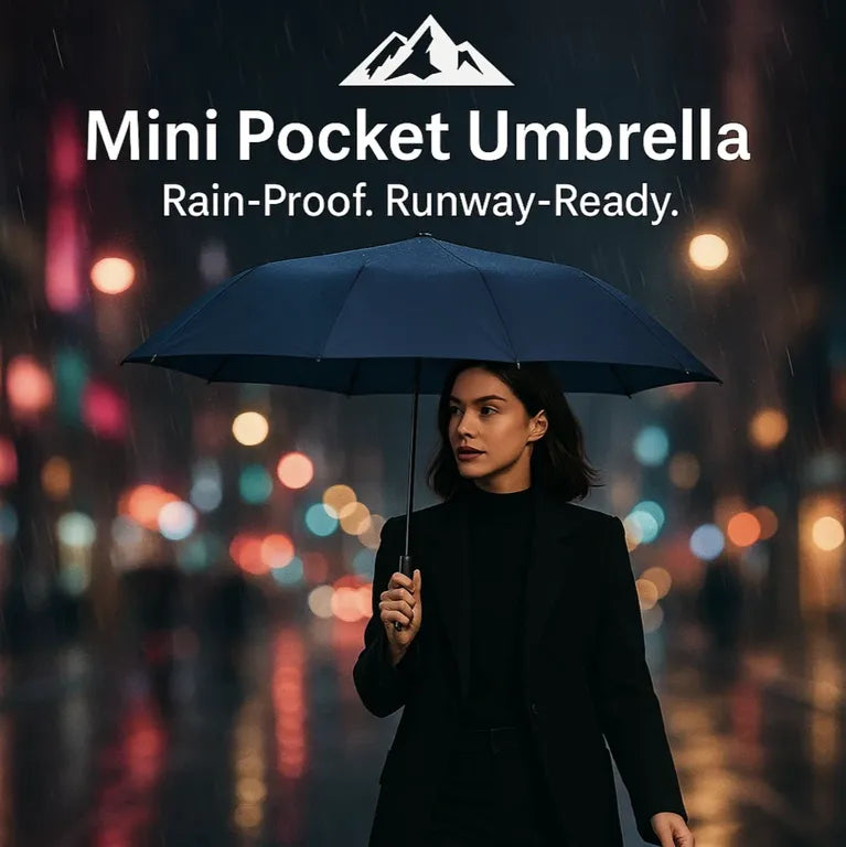 Mini Pocket Umbrella in navy blue held by woman in black coat on rainy city street at night by HighPeak