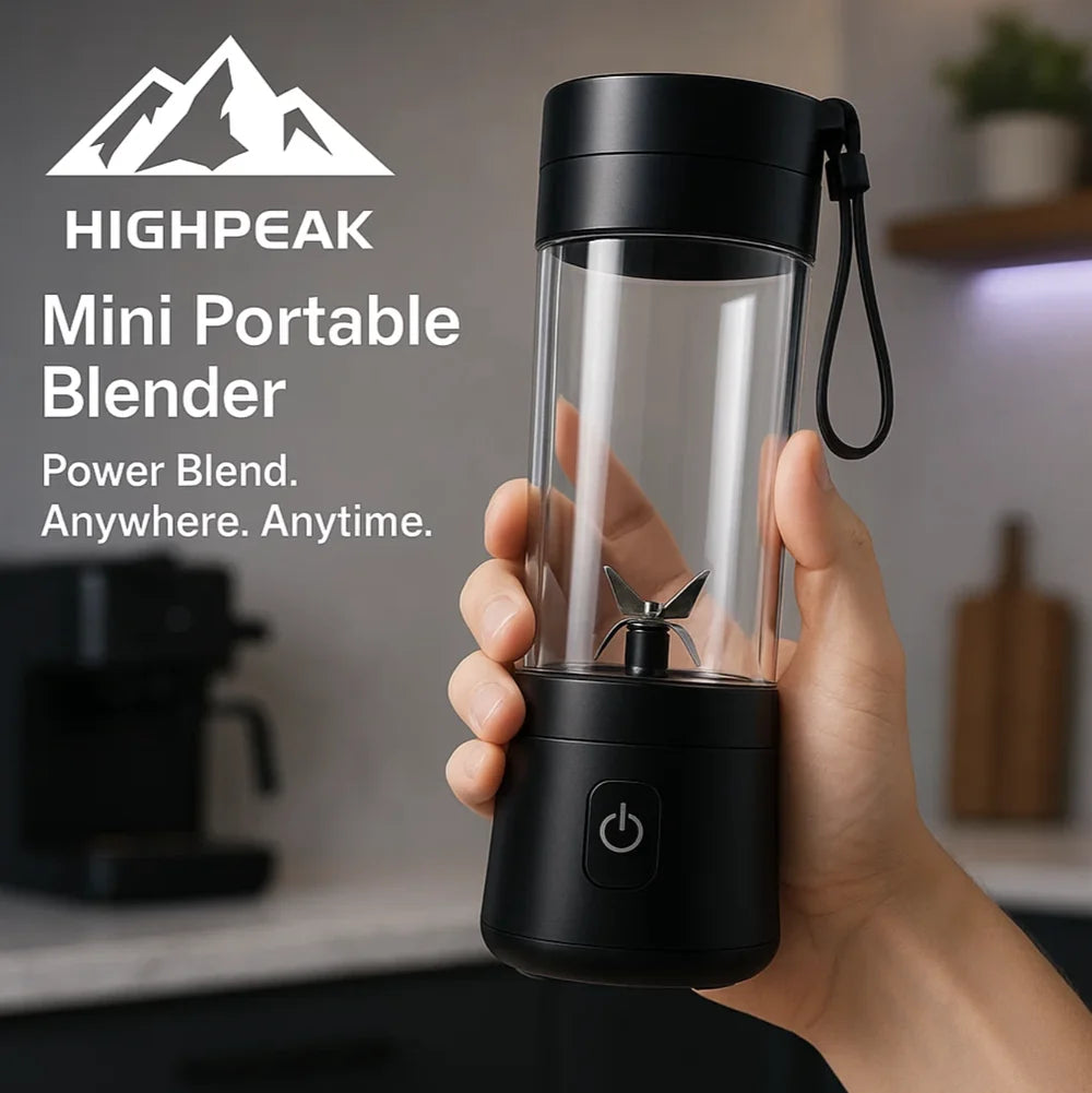 HighPeak Mini Portable Blender in black held in hand, showcasing compact cordless design and stainless steel blades.