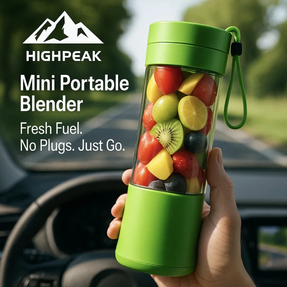 HighPeak Mini Portable Blender in green held inside a car filled with fresh fruits ready for blending on-the-go