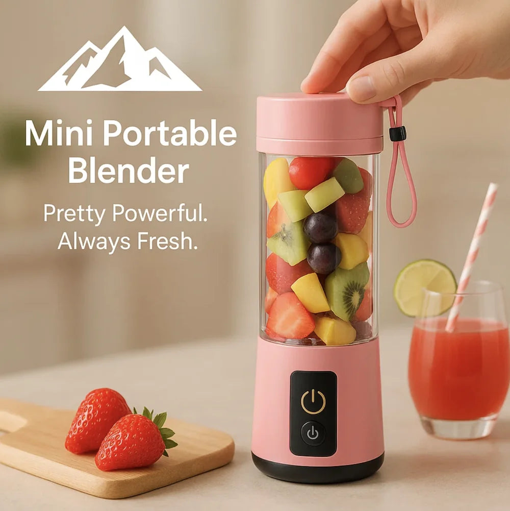 HighPeak Mini Portable Blender in pink blending fresh fruit with digital display and USB rechargeable battery on a kitchen counter