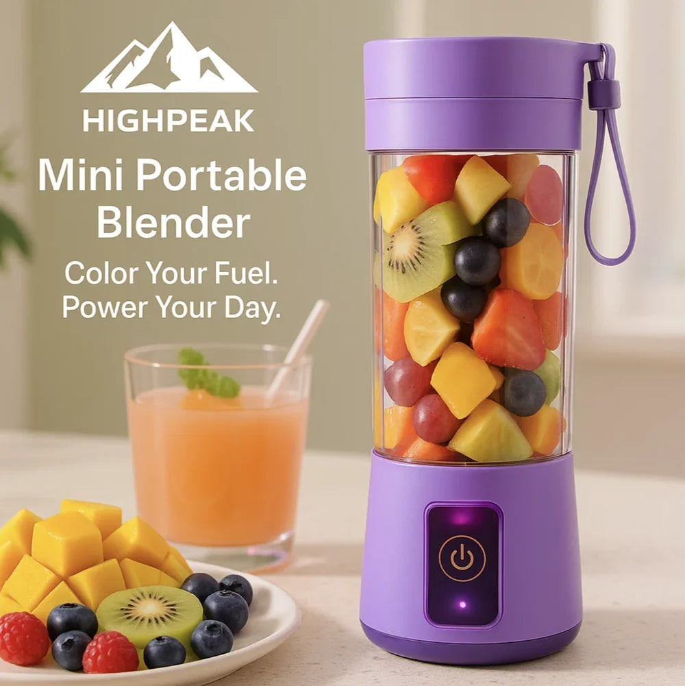HighPeak Mini Portable Blender in purple with fresh fruit inside and juice glass on kitchen counter for blending on-the-go