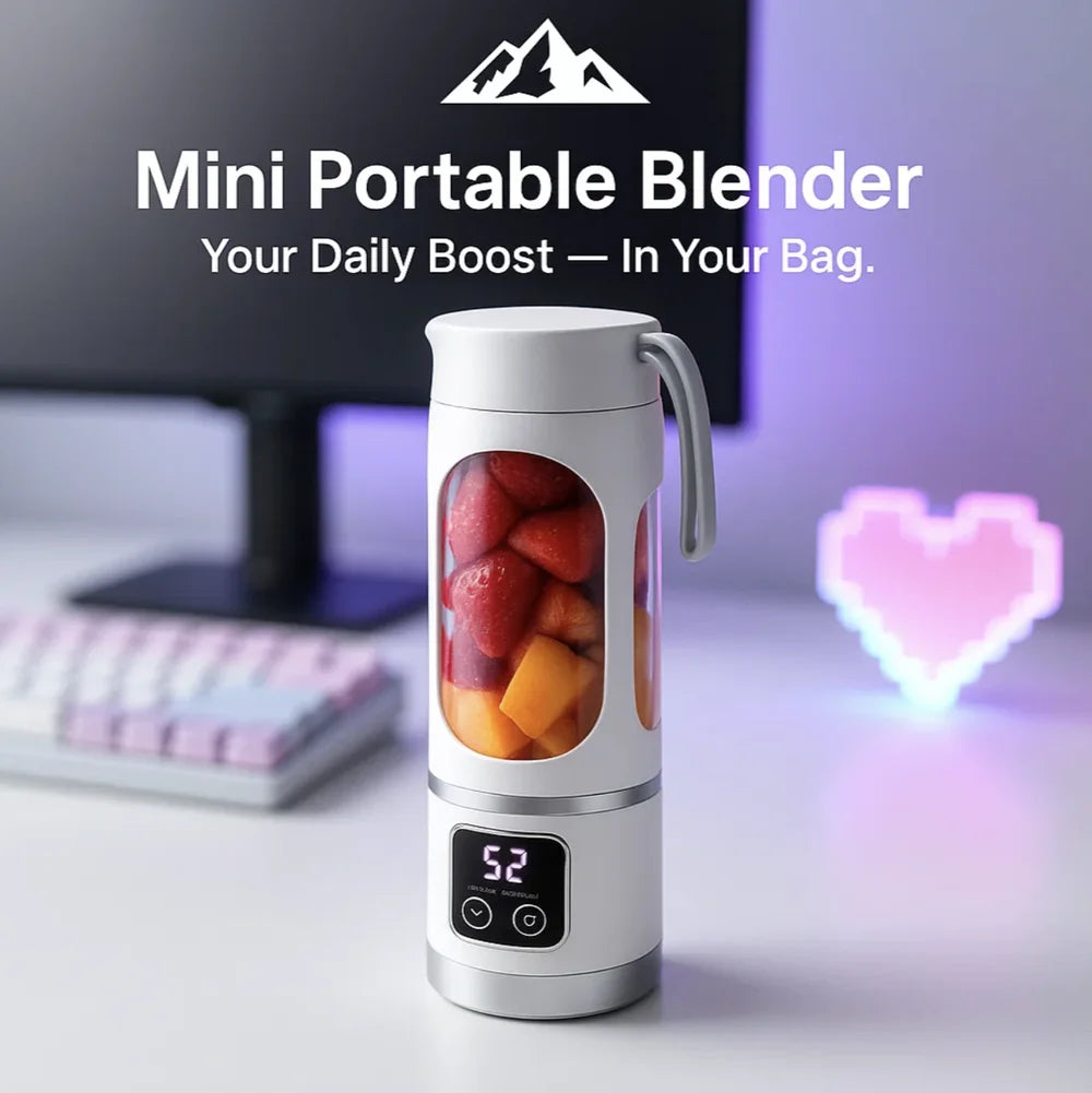 HighPeak Mini Portable Blender in white with digital display blending fresh fruit on a modern desk setup