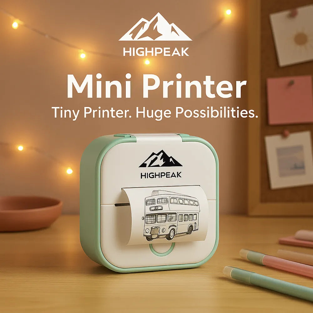 HighPeak Mini Printer in pastel green printing a black and white bus sketch on a wooden desk with warm lighting