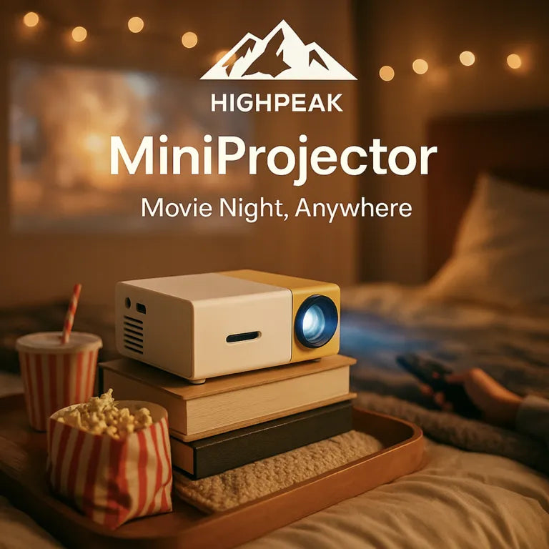 HighPeak MiniProjector on stacked books projecting a movie in cozy dim bedroom for home entertainment.