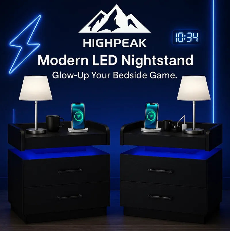 HighPeak Modern LED Nightstand in matte black with glowing blue LED accents and bedside charging stations