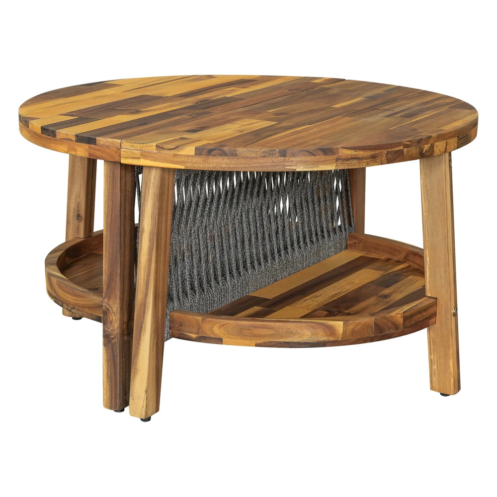 HighPeak U-Shaped Outdoor Sofa Set matching round coffee table in natural wood with woven rope accent for patio seating area