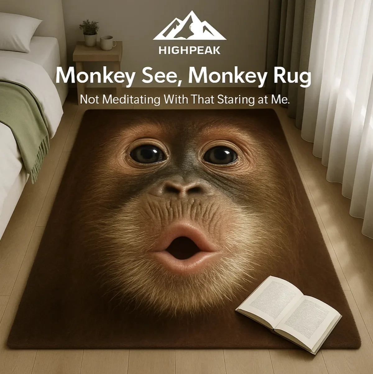 HighPeak Monkey See, Monkey Rug with realistic monkey face print in a modern bedroom setting on wooden floor