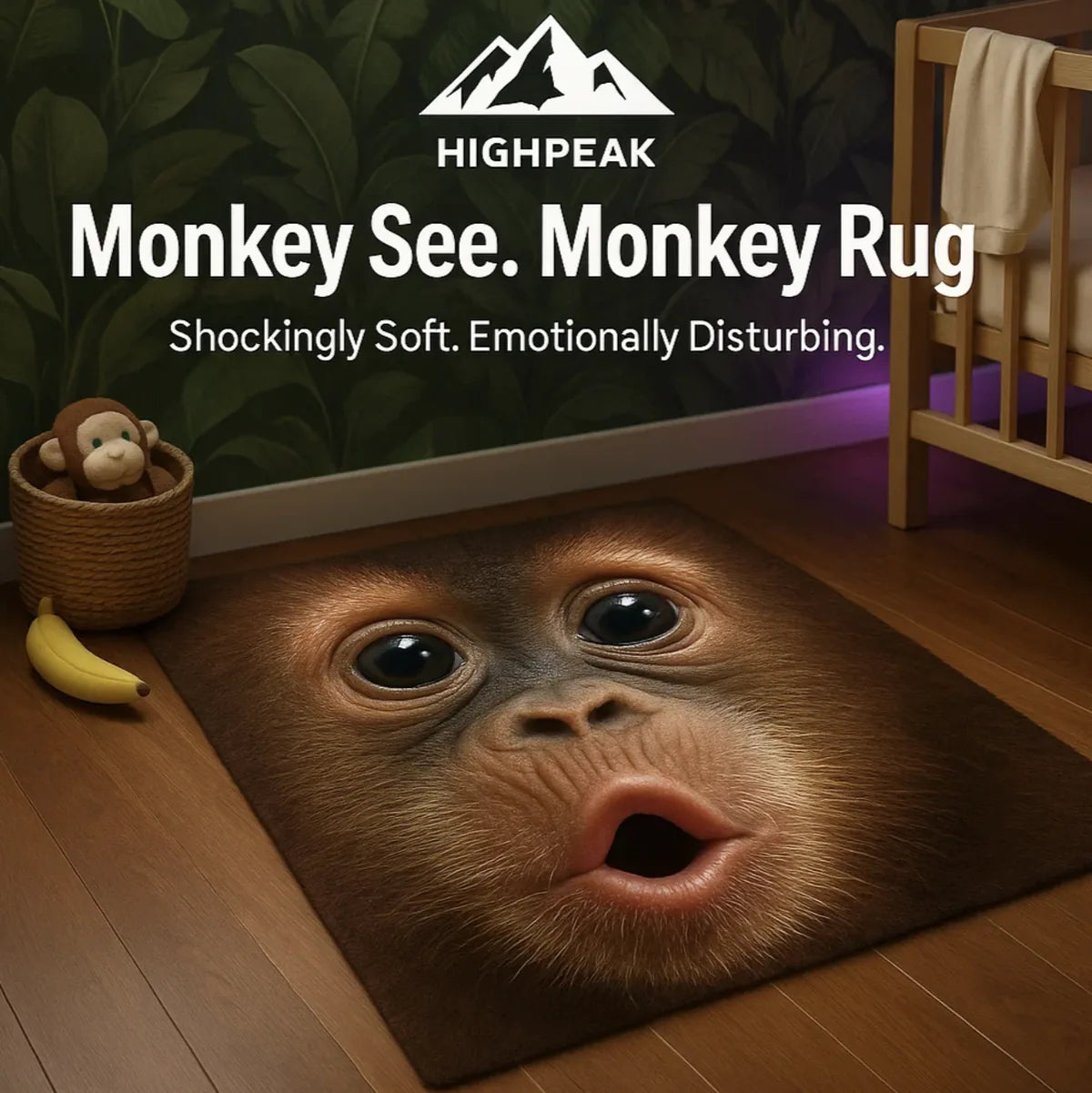 HighPeak Monkey See, Monkey Rug with realistic monkey face print on wooden floor in cozy room setting