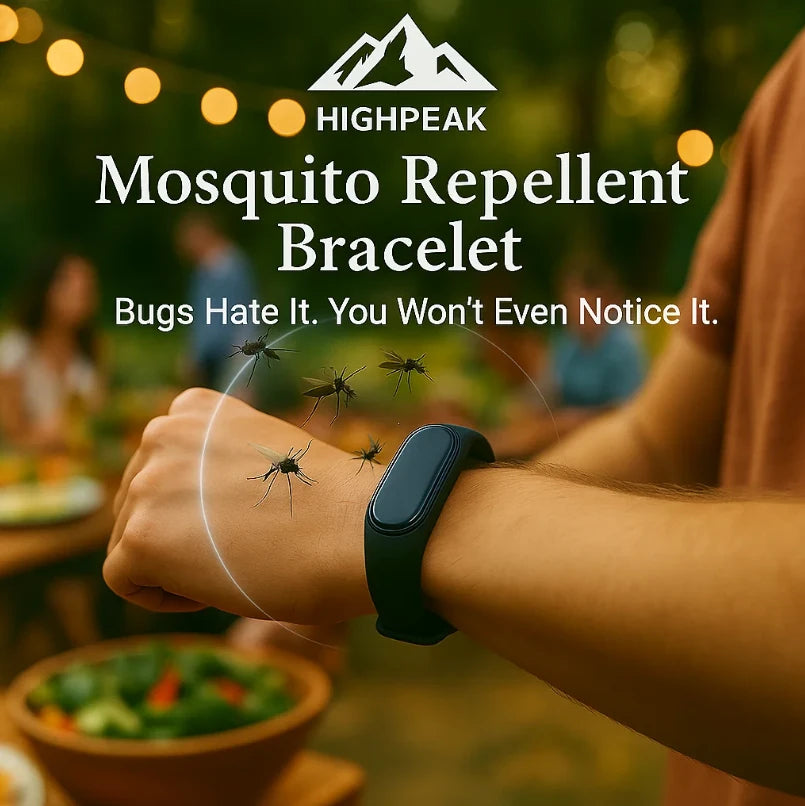 HighPeak Mosquito Repellent Bracelet in black worn on wrist outdoors repelling mosquitoes during evening gathering