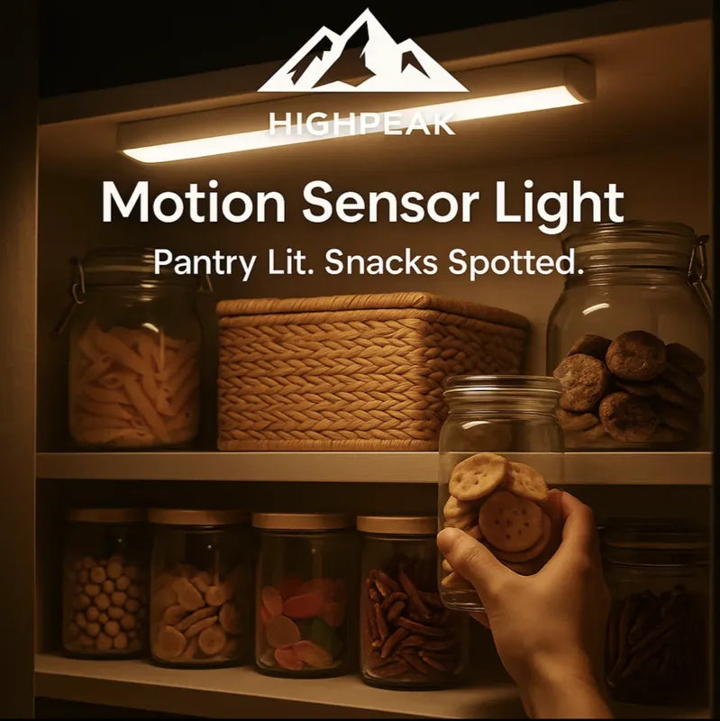 HighPeak Motion Sensor Light illuminating pantry shelves with jars and snacks, warm light enhancing kitchen storage space.